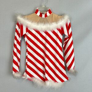 Red White Stripe Child Large Holiday Dance Top Fur Trim Long Sleeve Costume